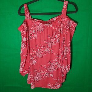 AVENUE Women 14/16 Red Floral Cold Shoulder Tunic Top Stretchy